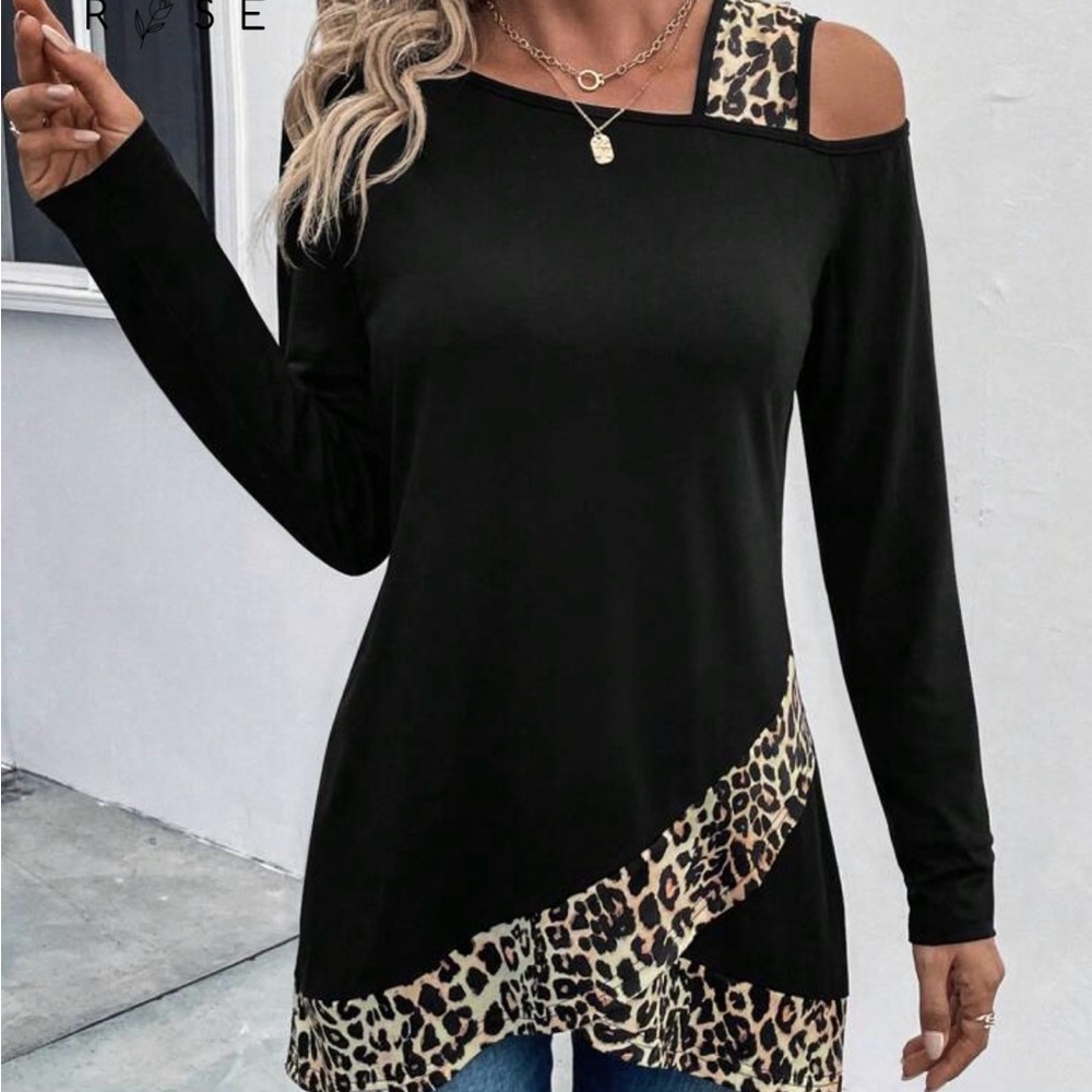 NWT Cold-Shoulder Black Top with Leopard Trim